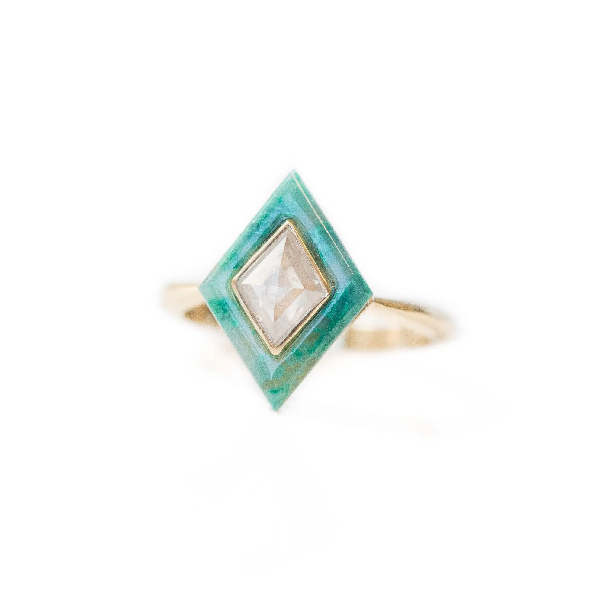 0.64ct Rosecut Diamond and Green Gemstone Halo Ring - Chrysocolla Green Art Deco Ring in 14k Yellow Gold