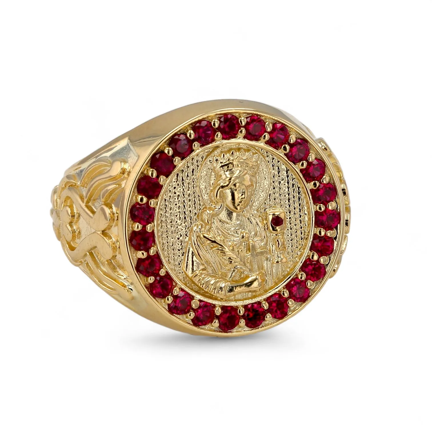 14K Yellow gold solid Santa Barbara and ruby round ring-63994