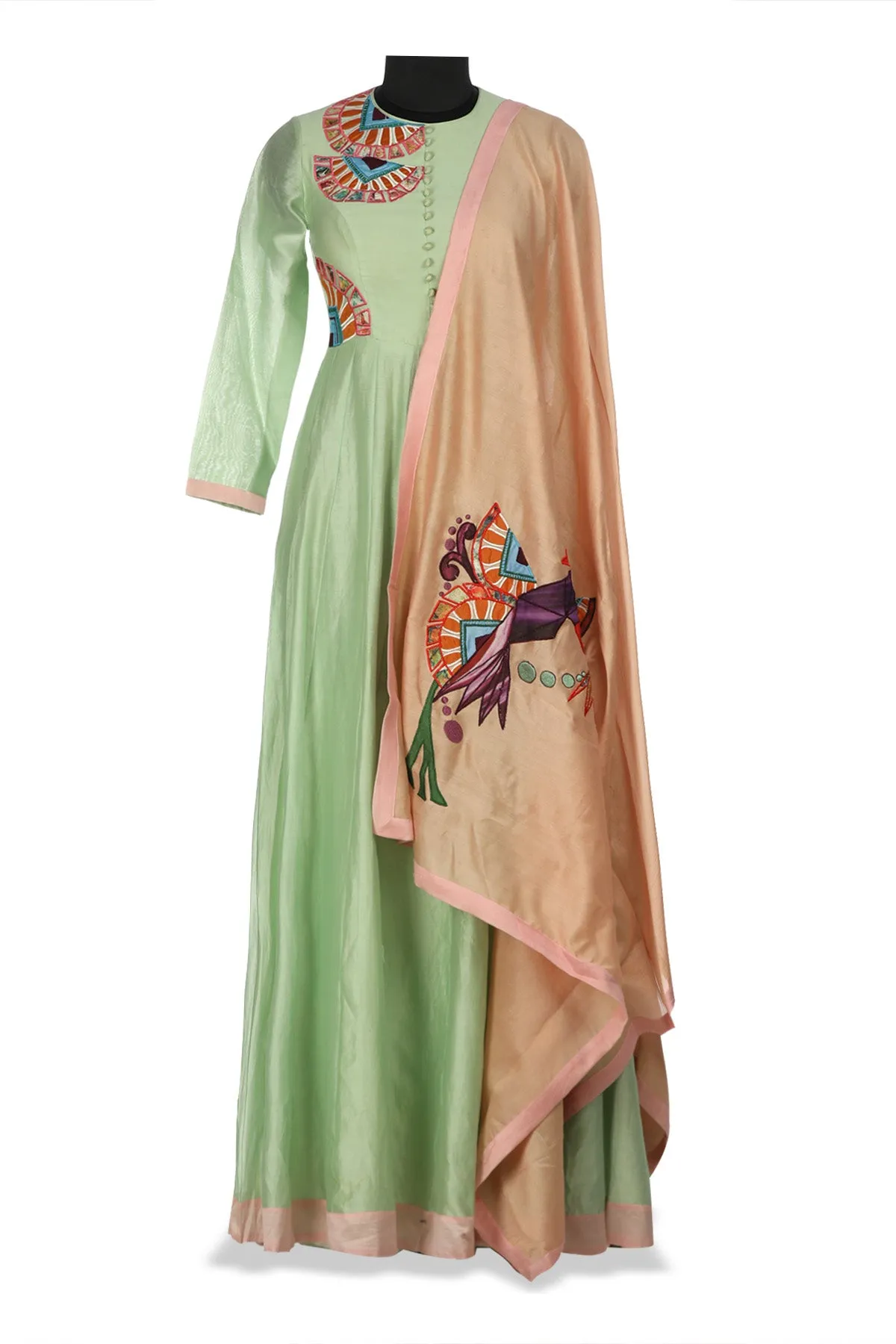 50Z186-RO Pastel Green Embroidered Chanderi Anarkali with Peach Dupatta