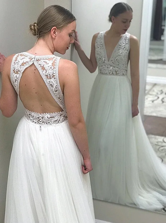 A-Line Deep V-Neck Open Back Tulle Wedding Dress With Lace Top OW484