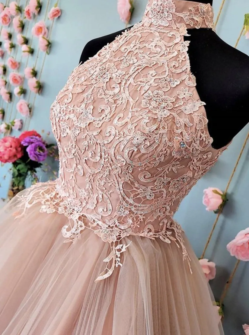 A Line Halter Tulle Lace Short Homecoming Dress