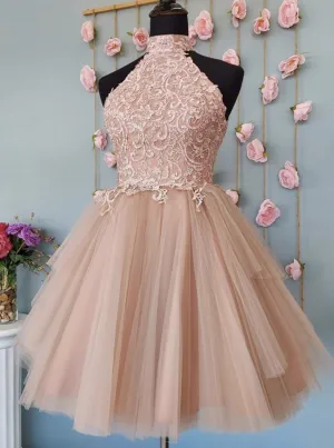 A Line Halter Tulle Lace Short Homecoming Dress