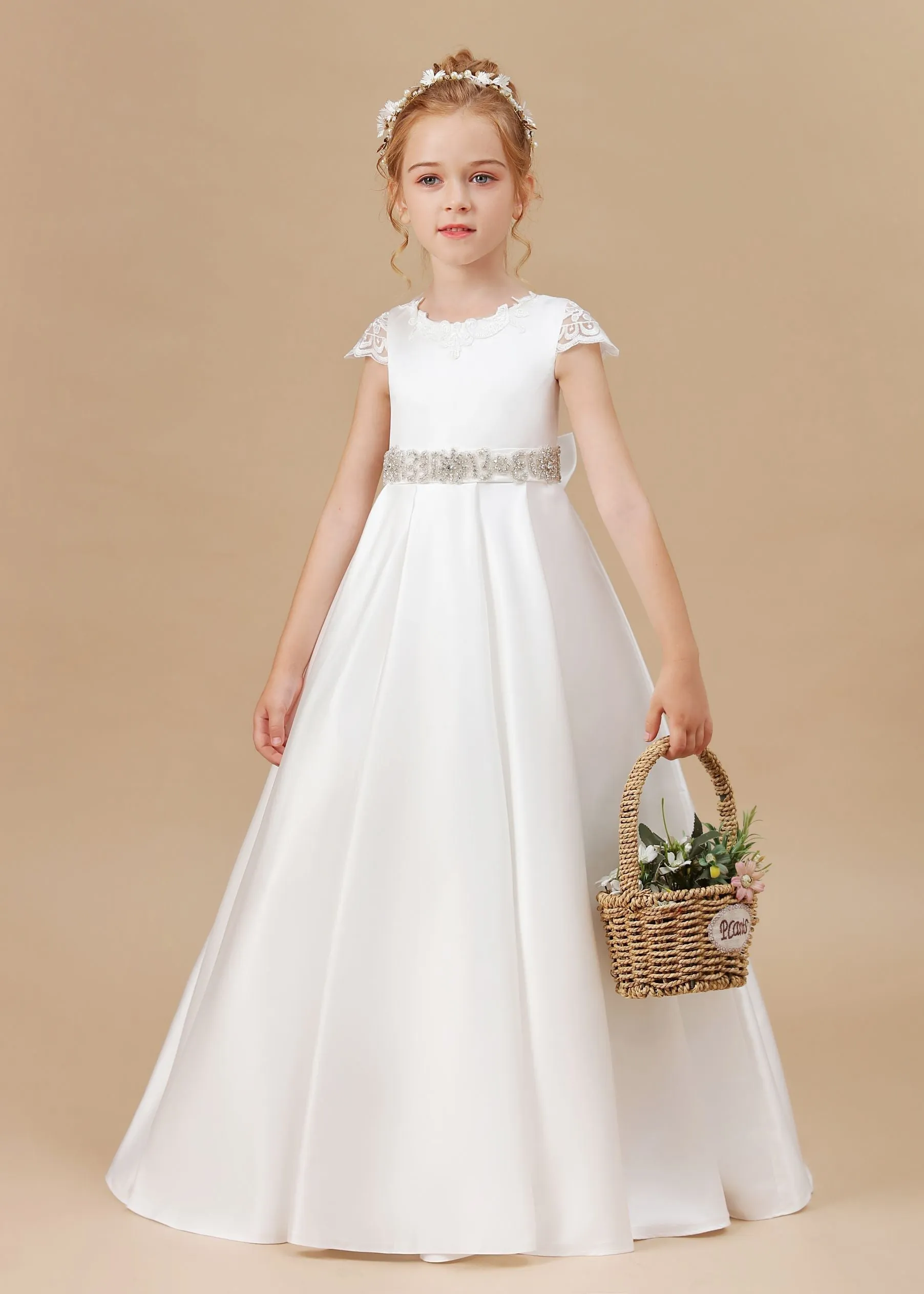 A-line Ivory Floor Length Bowknot Satin Flower Girl Dress With Rhinestones