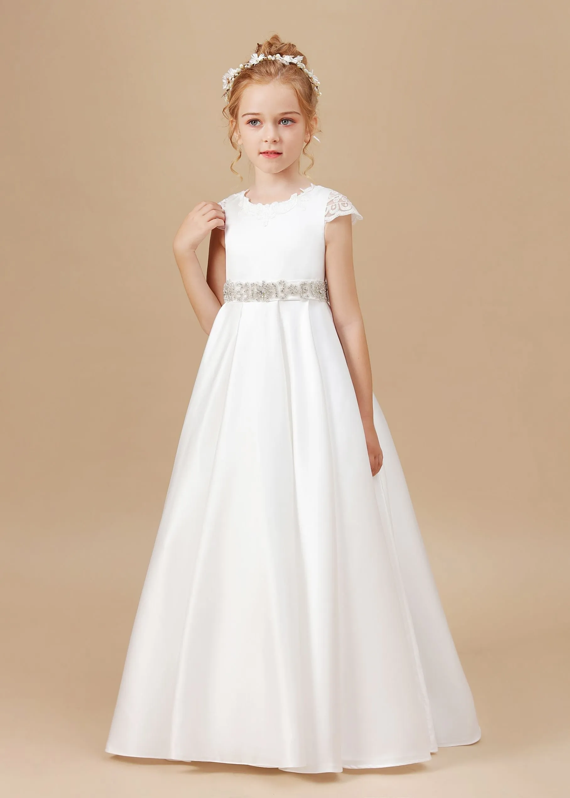 A-line Ivory Floor Length Bowknot Satin Flower Girl Dress With Rhinestones