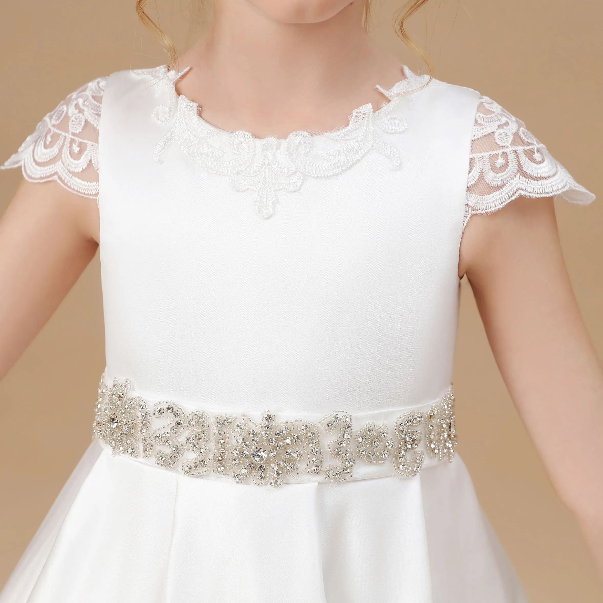 A-line Ivory Floor Length Bowknot Satin Flower Girl Dress With Rhinestones