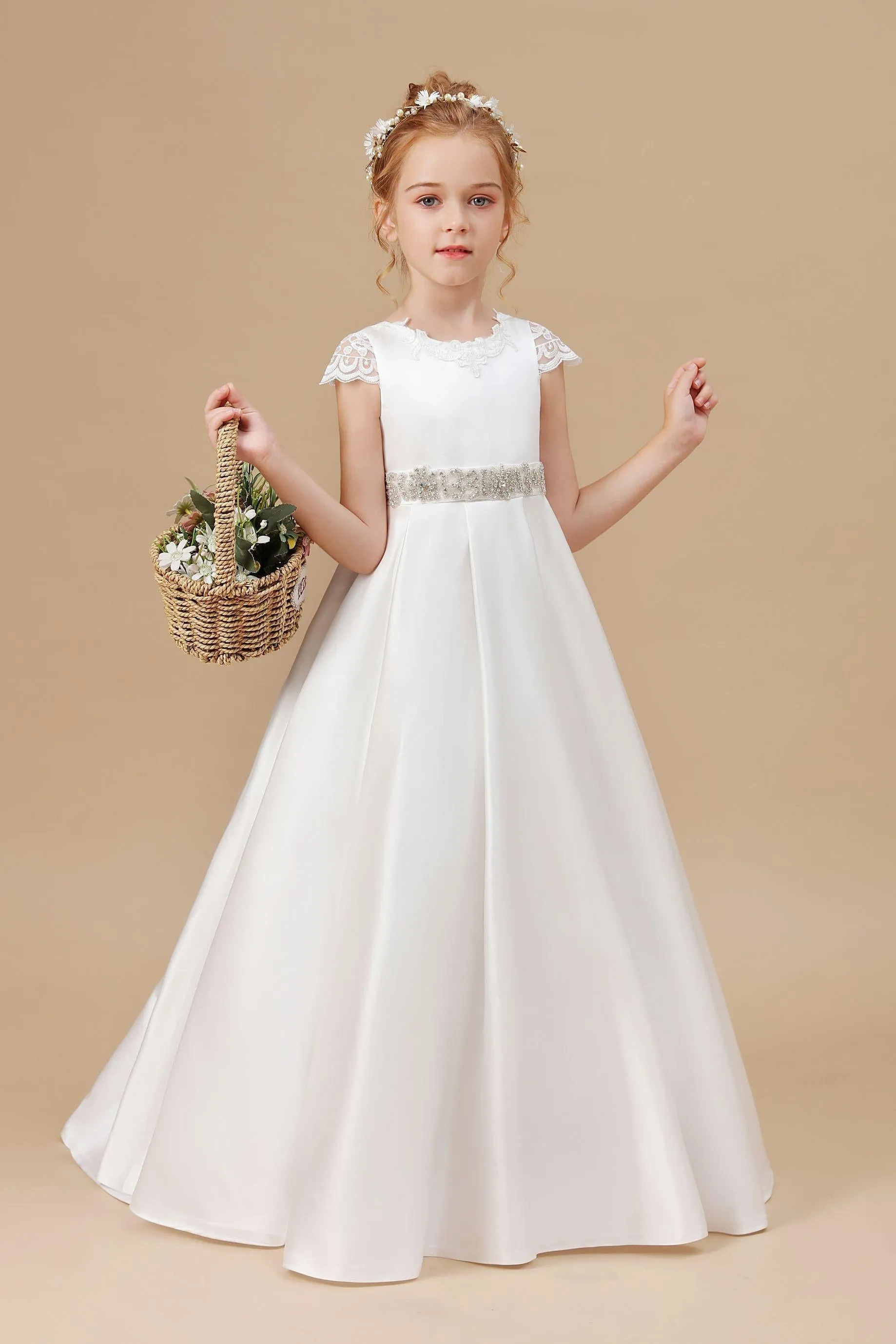 A-line Ivory Floor Length Bowknot Satin Flower Girl Dress With Rhinestones