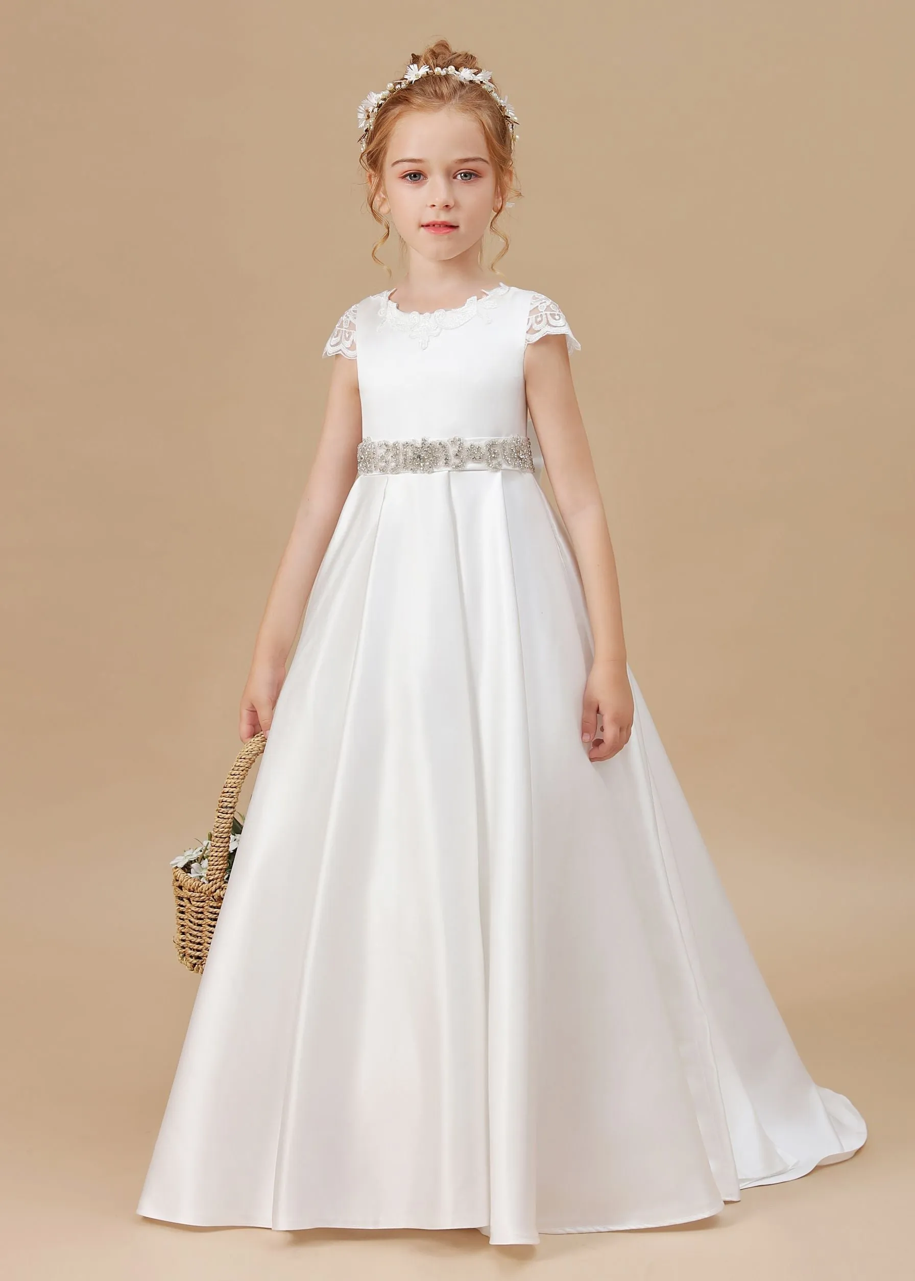 A-line Ivory Floor Length Bowknot Satin Flower Girl Dress With Rhinestones