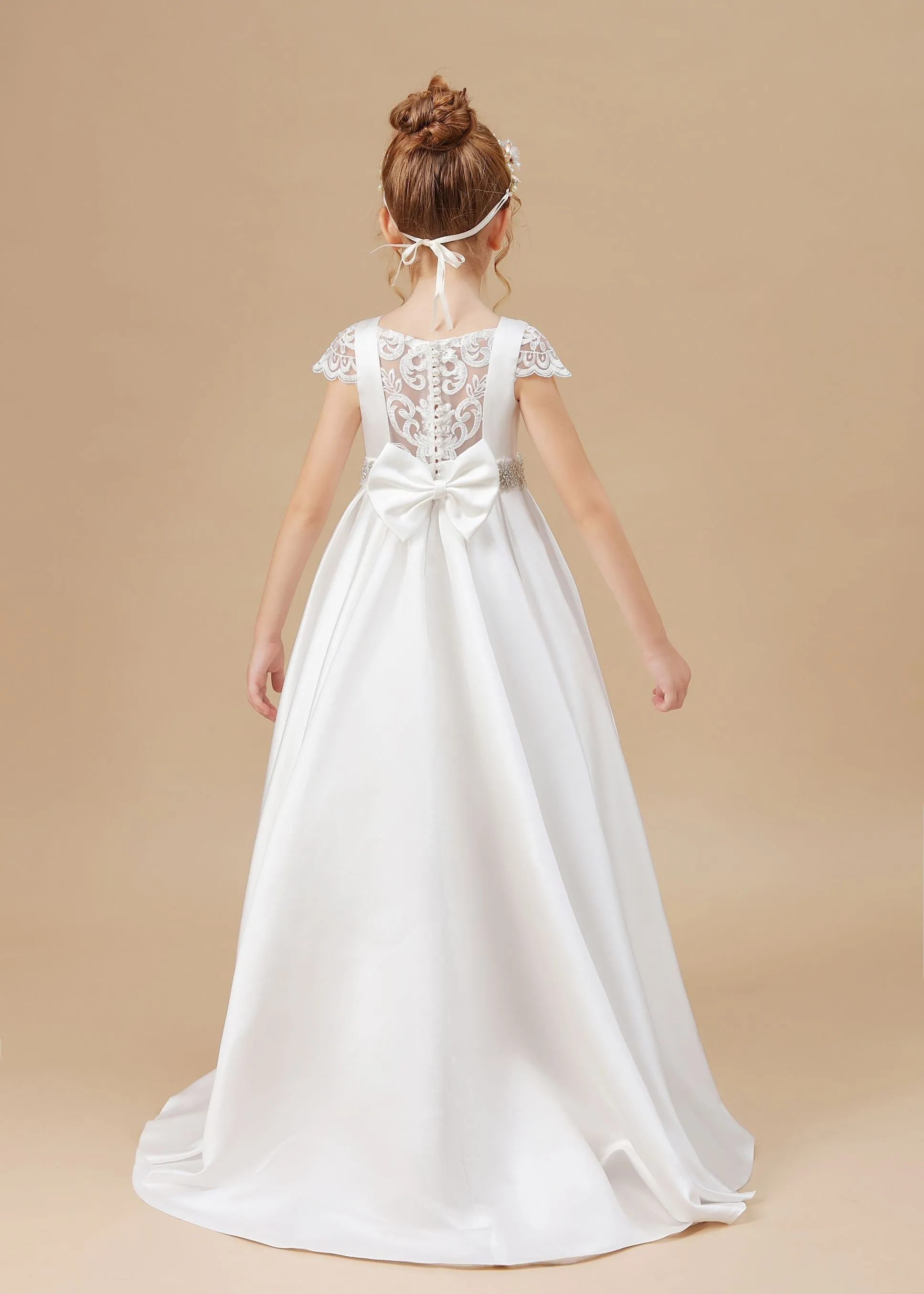 A-line Ivory Floor Length Bowknot Satin Flower Girl Dress With Rhinestones