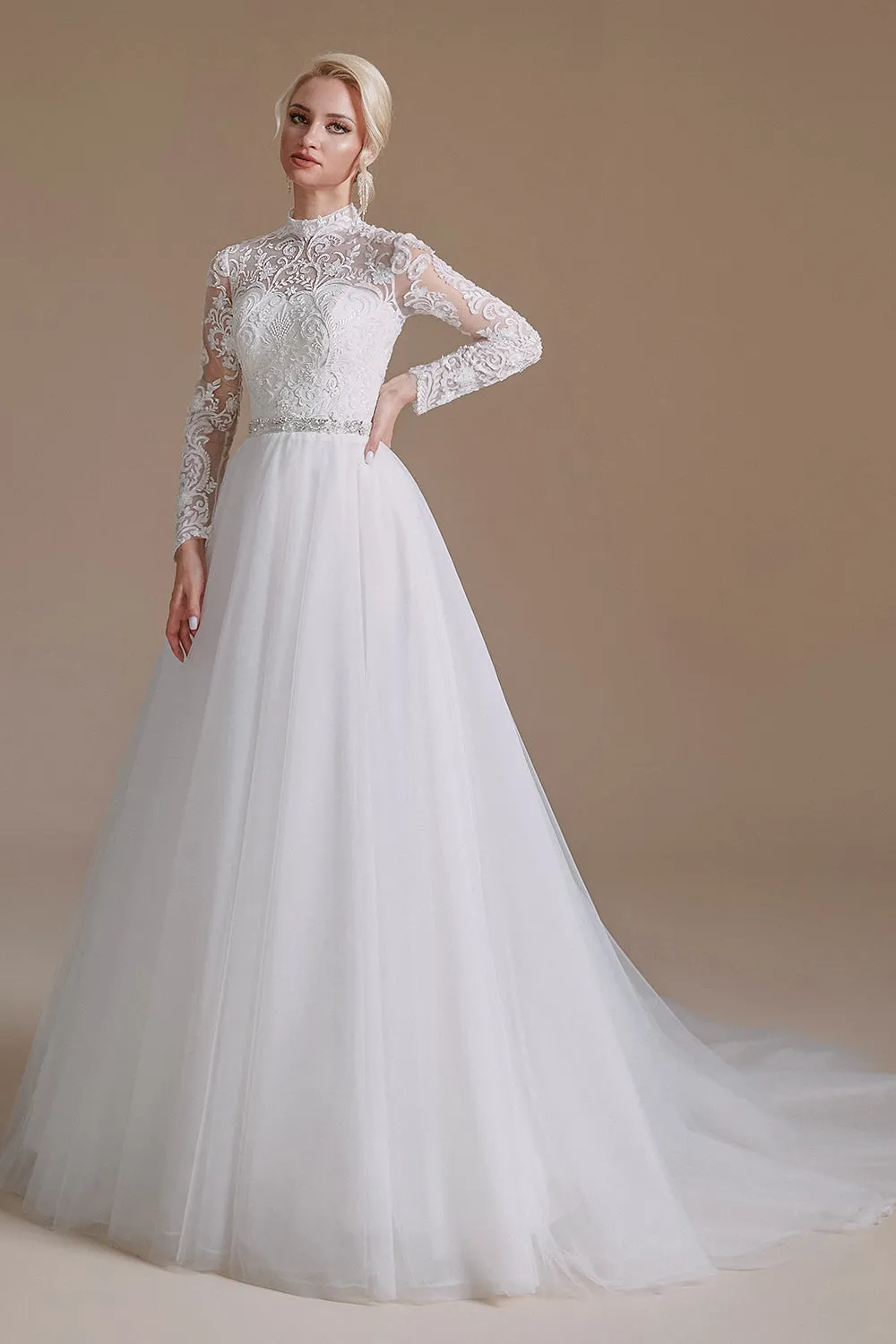 A-Line Lace Appliques Long Sleeve Tulle Chapel Train Wedding Dress