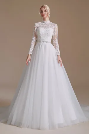 A-Line Lace Appliques Long Sleeve Tulle Chapel Train Wedding Dress