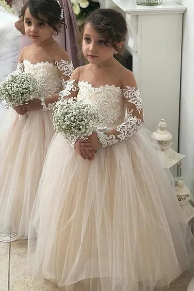 A Line Round Neck Long Sleeves Tulle Flower Girl Dress OF139