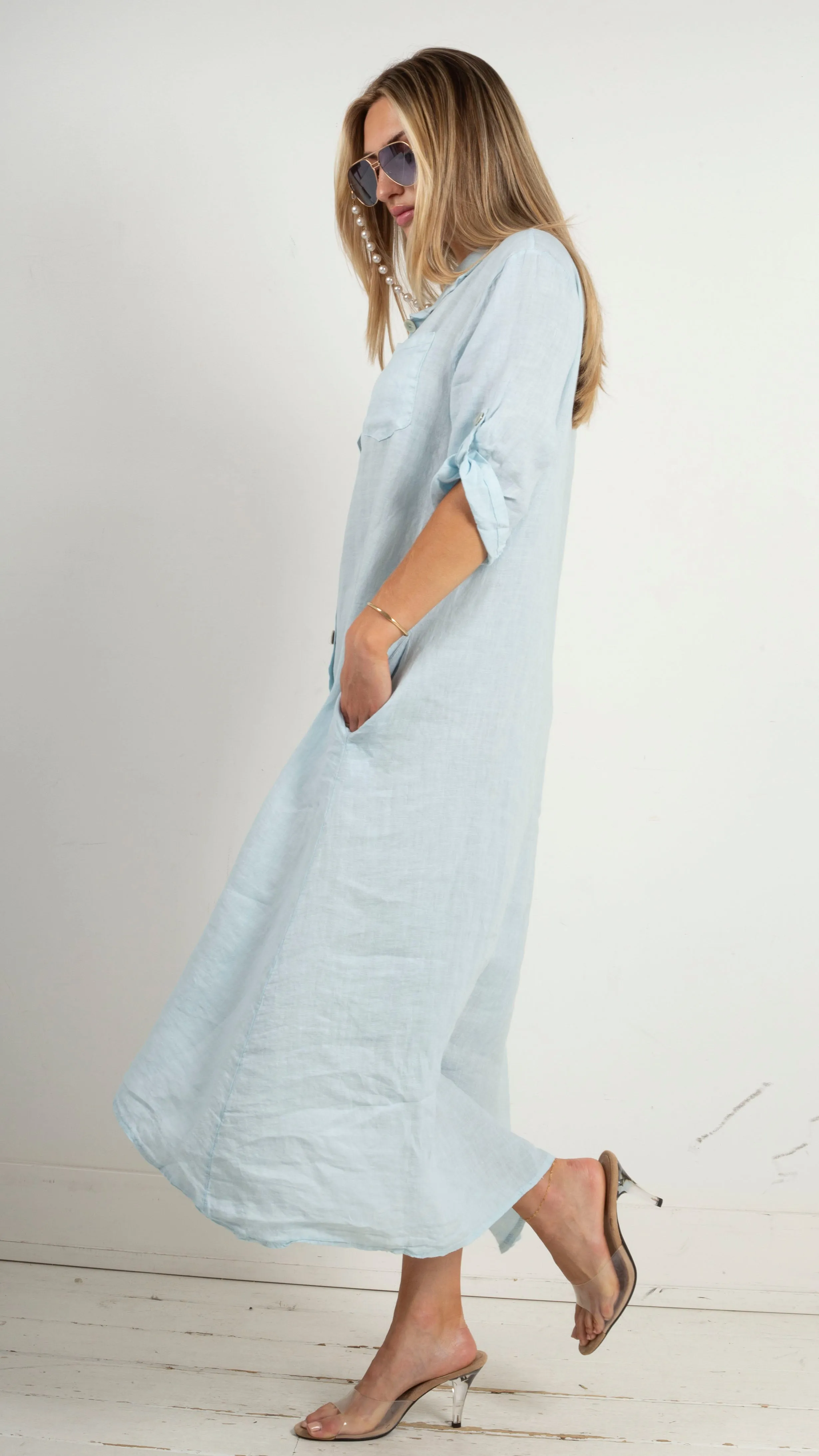 Amalfi Linen Button Down Maxi Shirt Dress - Sky Blue