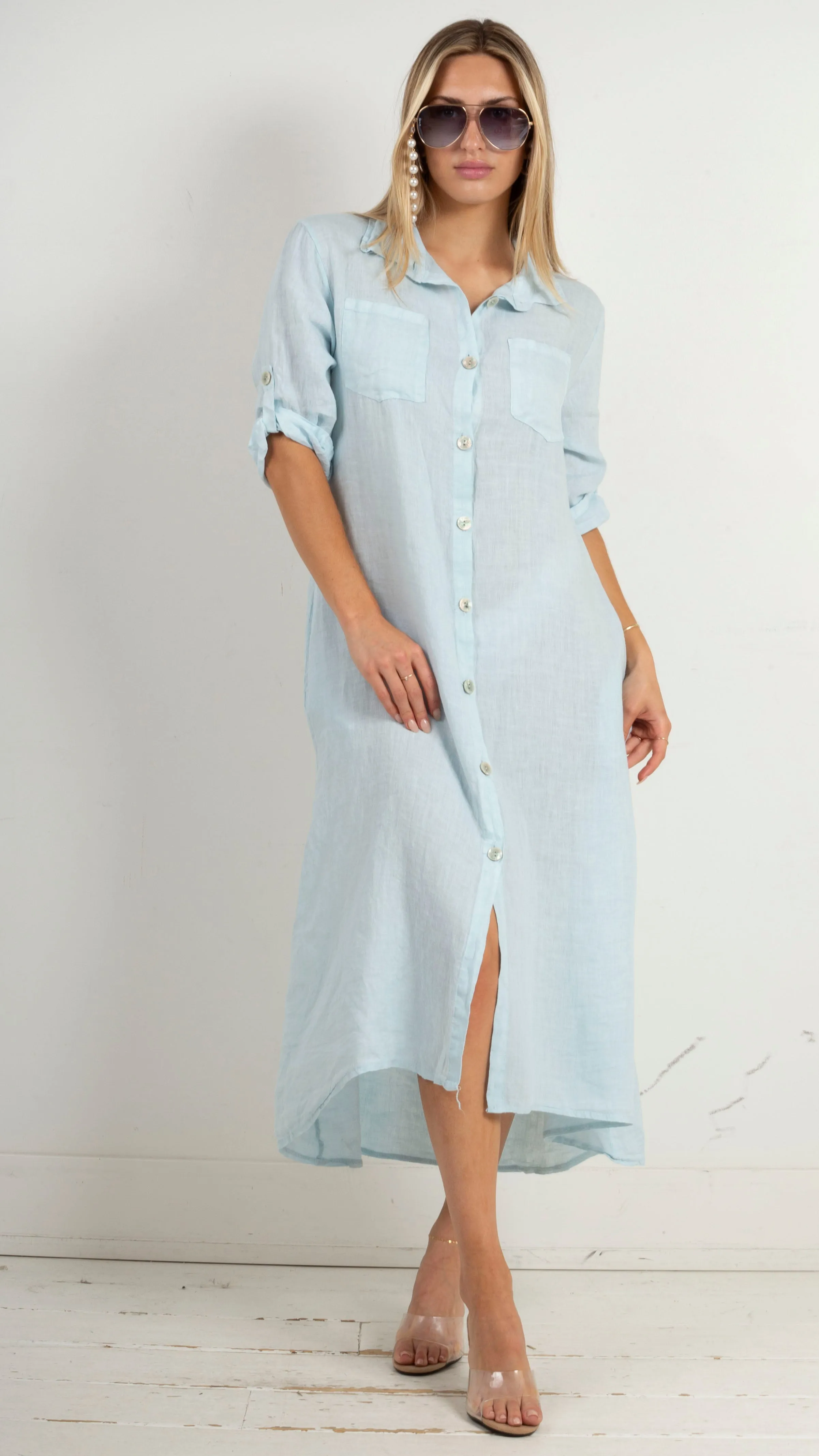 Amalfi Linen Button Down Maxi Shirt Dress - Sky Blue