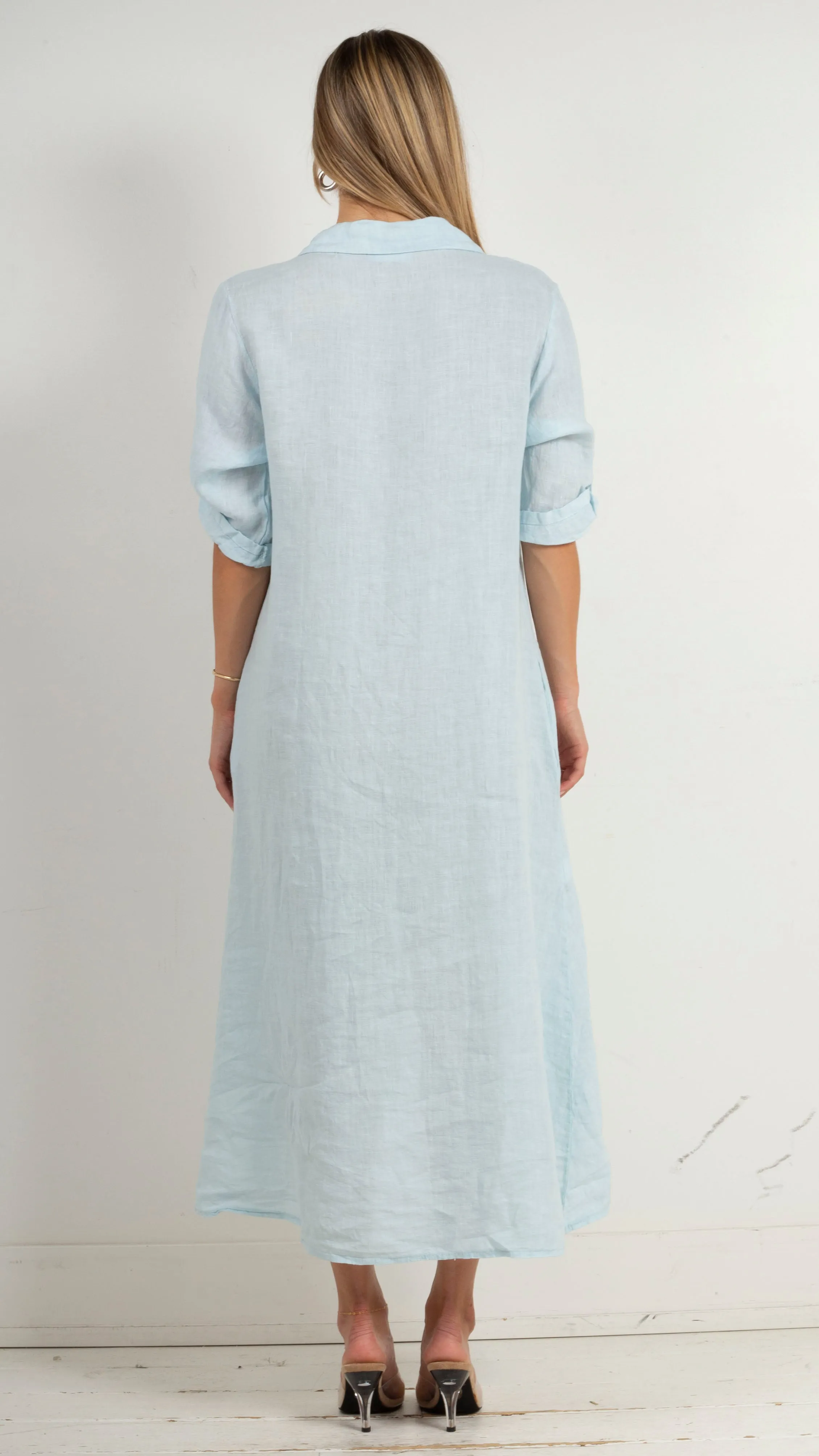 Amalfi Linen Button Down Maxi Shirt Dress - Sky Blue