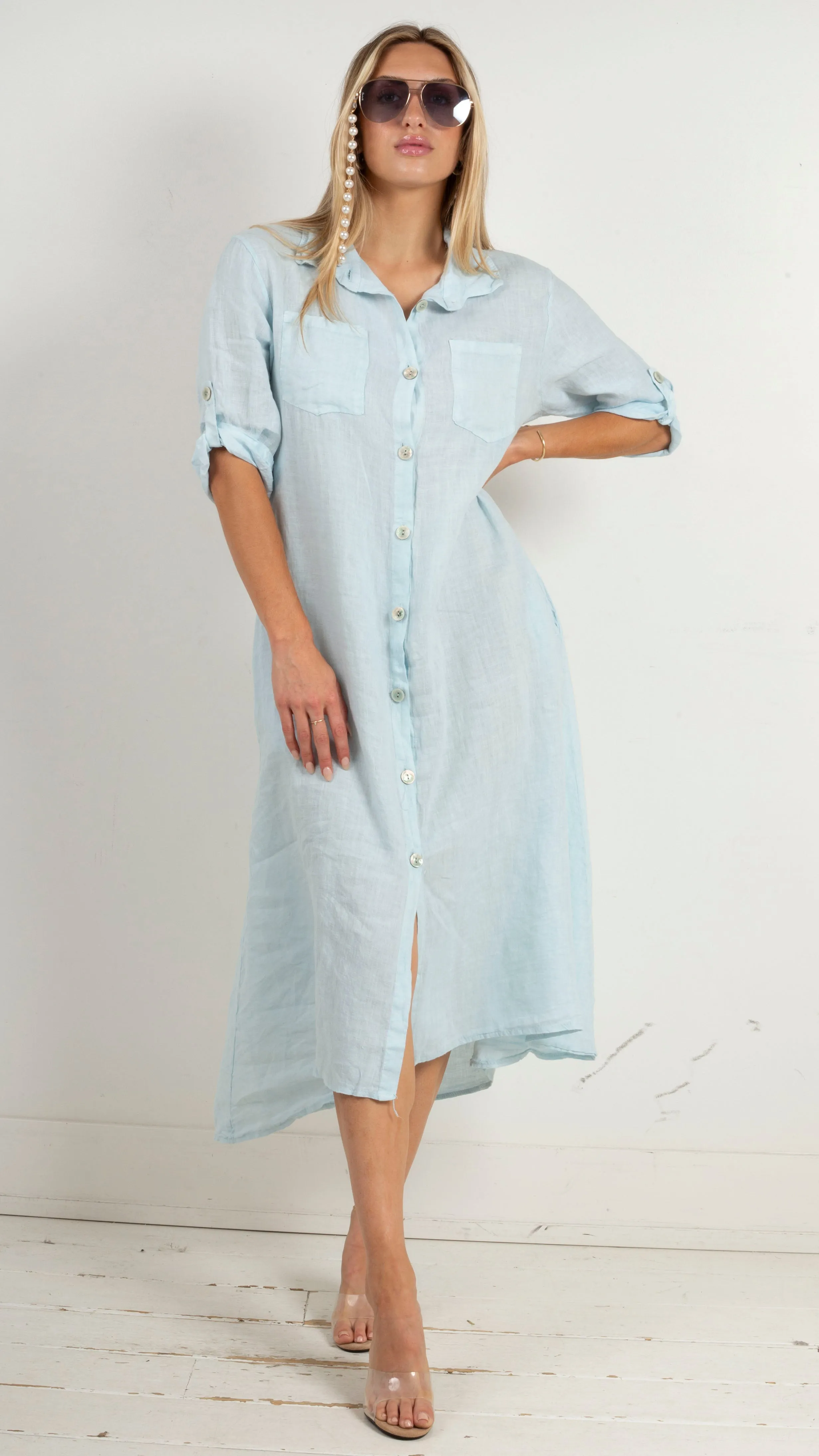 Amalfi Linen Button Down Maxi Shirt Dress - Sky Blue