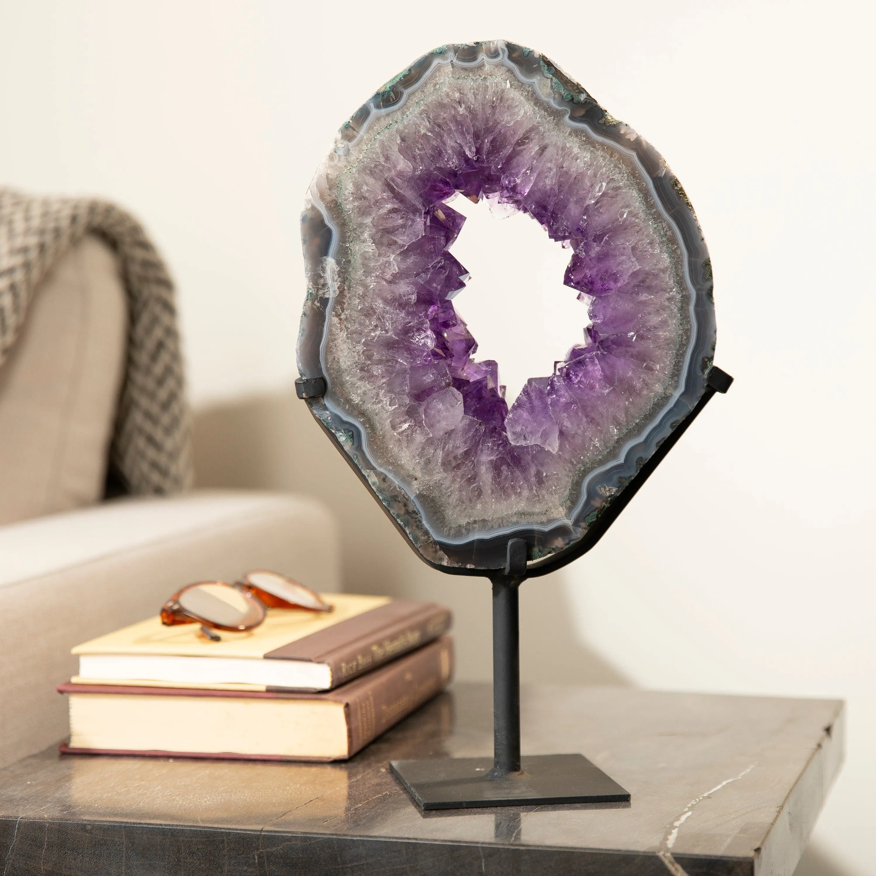 Amethyst Geode Slice Ring from Brazil on Custom Stand- 12 / 7.7 lbs