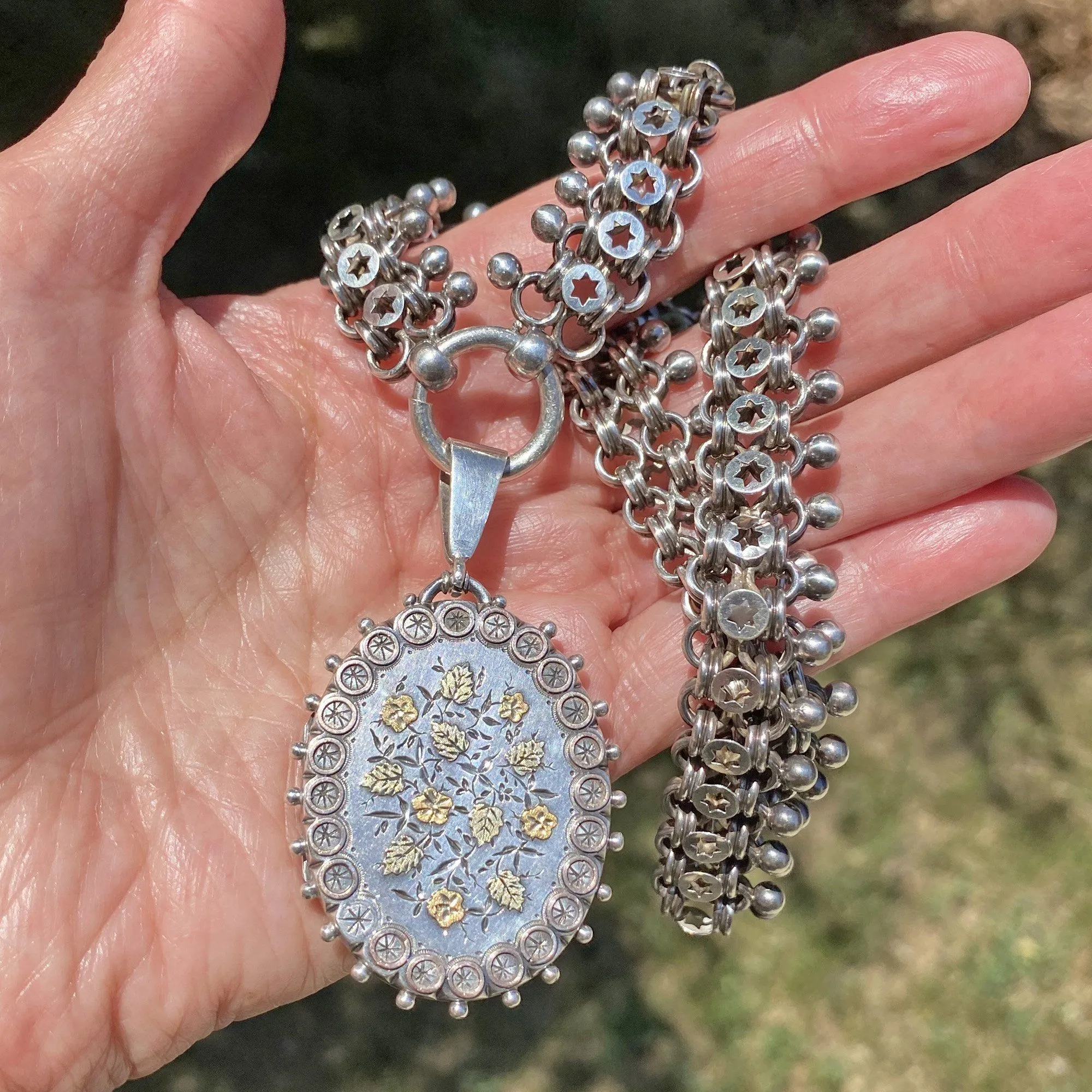 Antique Victorian Silver Locket & Collar Necklace, Stars