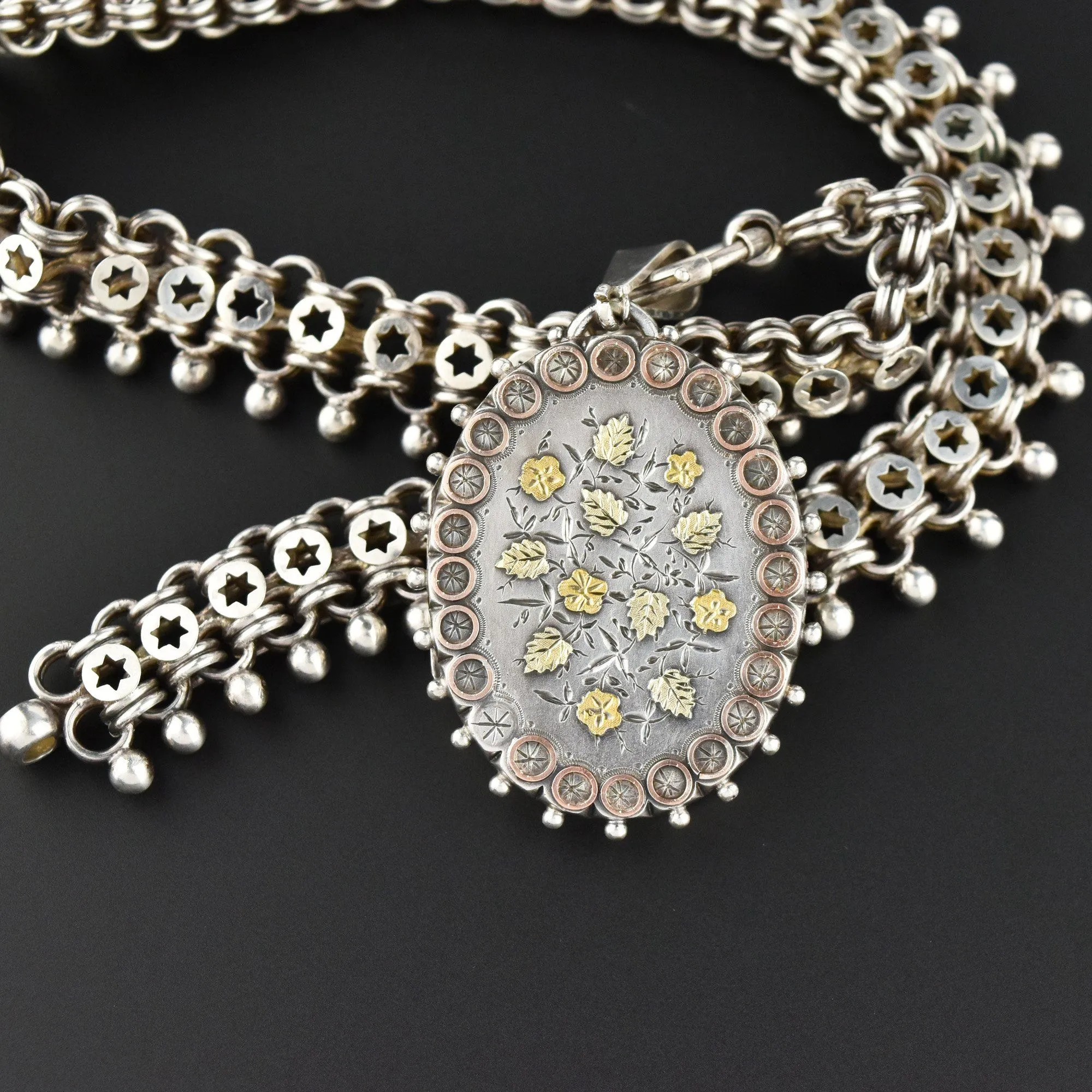 Antique Victorian Silver Locket & Collar Necklace, Stars