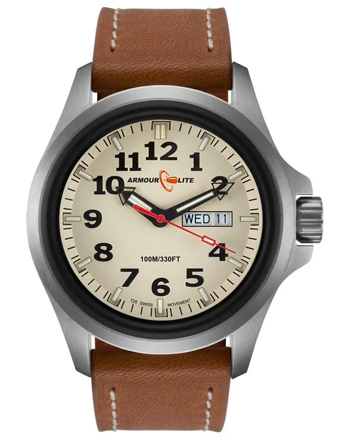 ArmourLite Officer Field Series - Beige Dial - Brown Leather Strap - SS Case