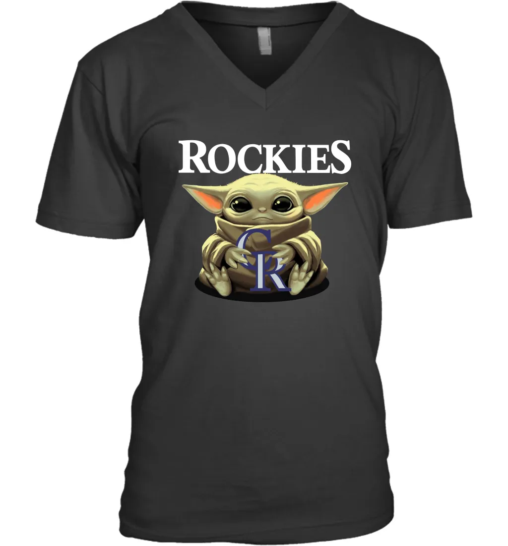 Baby Yoda Hugs Loves The Colorado Rockies Baseball Mens V-Neck T-Shirt