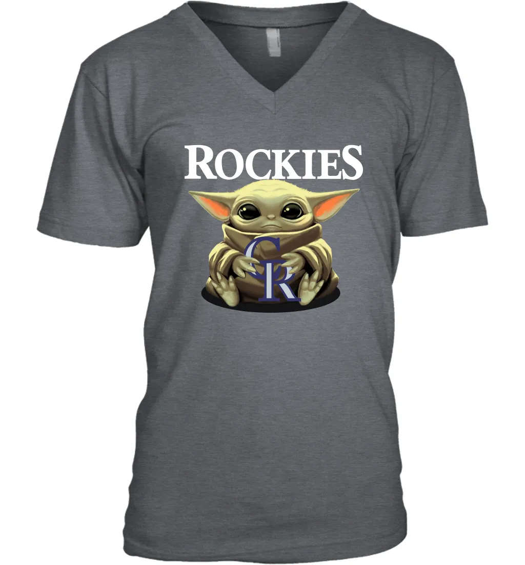 Baby Yoda Hugs Loves The Colorado Rockies Baseball Mens V-Neck T-Shirt