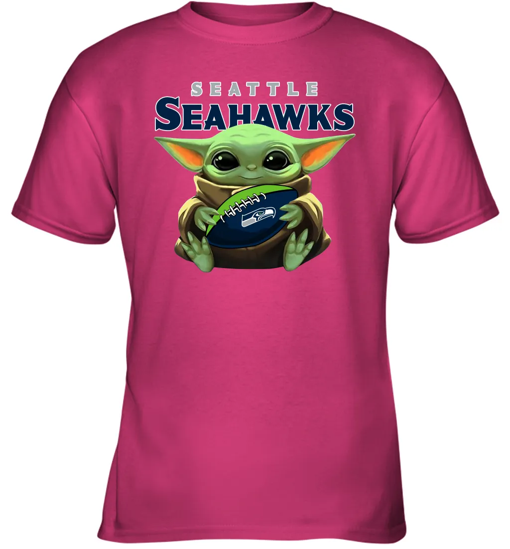 Baby Yoda Loves The Seattle Seahawks Star Wars Baby Yoda Hugs Seahawks NFL Youth T-Shirt