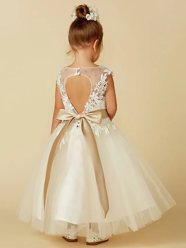 Ball Gown Lace Tulle Sleeveless Jewel Neck Wedding Party Pageant Flower Girl Dresses