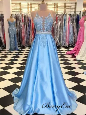 Beads Design A-line Long Prom Dresses, Lace Prom Dresses, Popular Prom Dresses