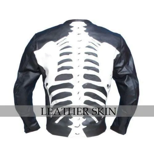 Black Genuine Collarless Jacket with White Skeleton Design