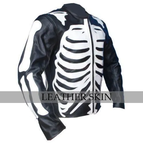 Black Genuine Collarless Jacket with White Skeleton Design