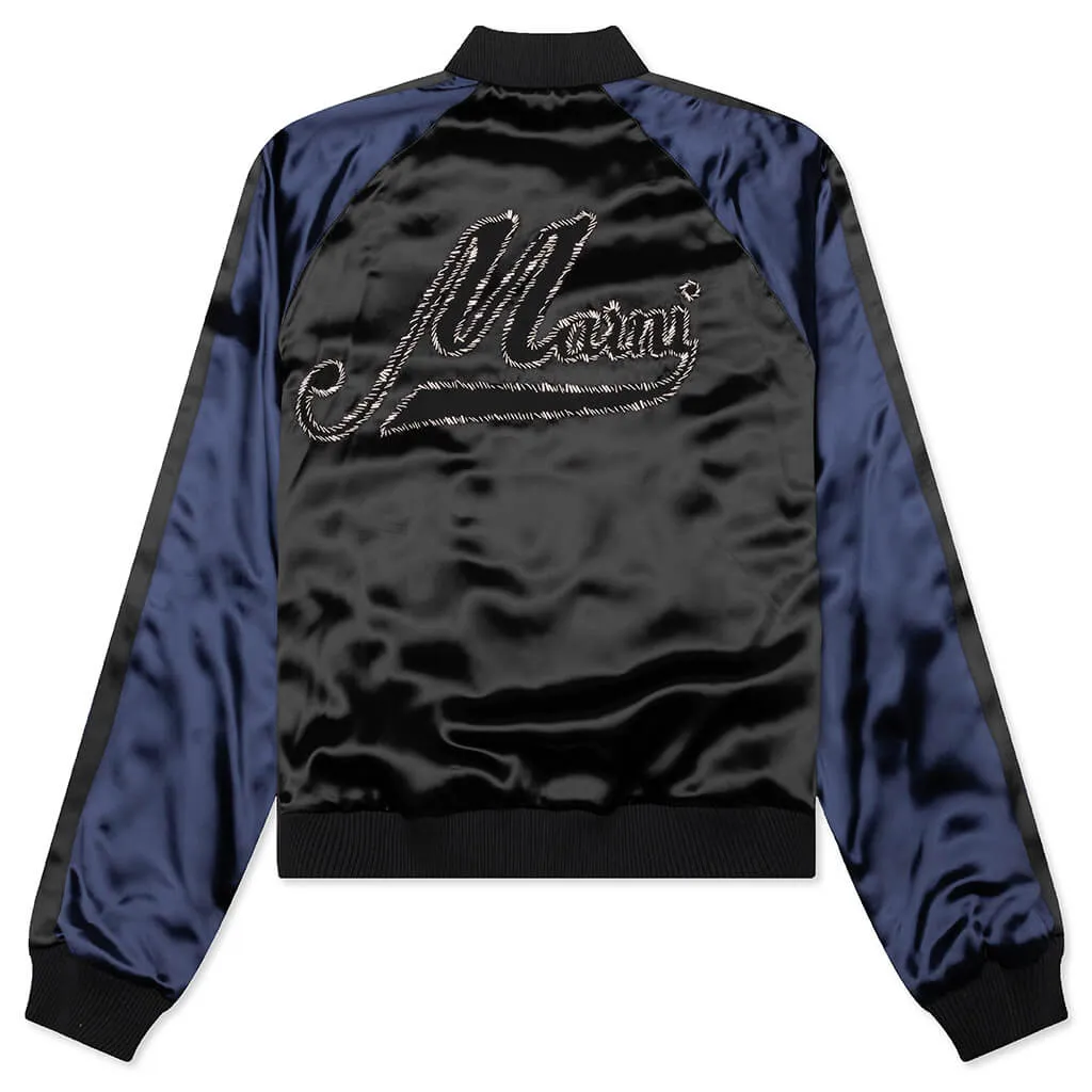 Black Satin Bomber with Beaded Logo - Black