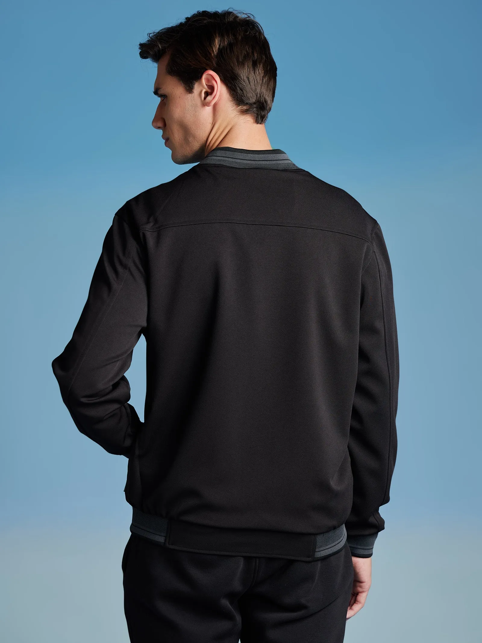 Black Textured 4-Way Stretch Bomber Jacket