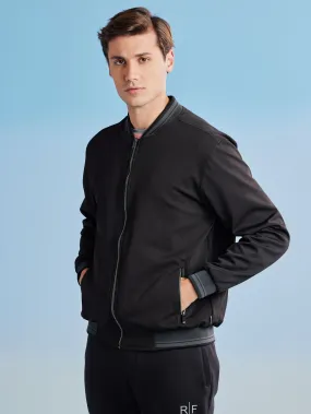 Black Textured 4-Way Stretch Bomber Jacket