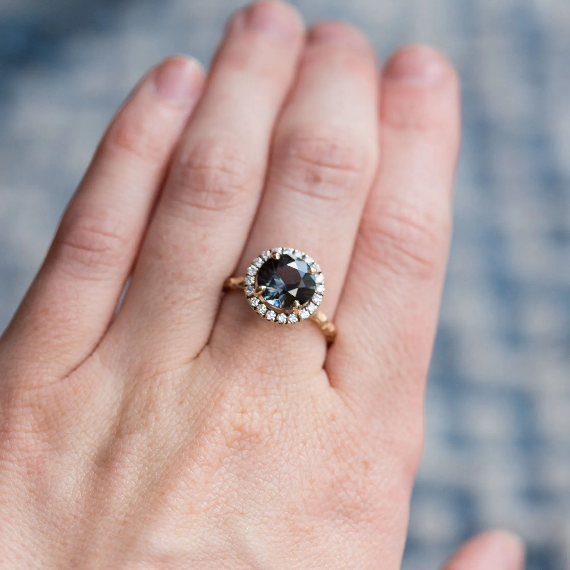 Blue Grey Spinel with Blackend Gold Diamond Halo - Antique Engagement Ring by Anueva Jewelry