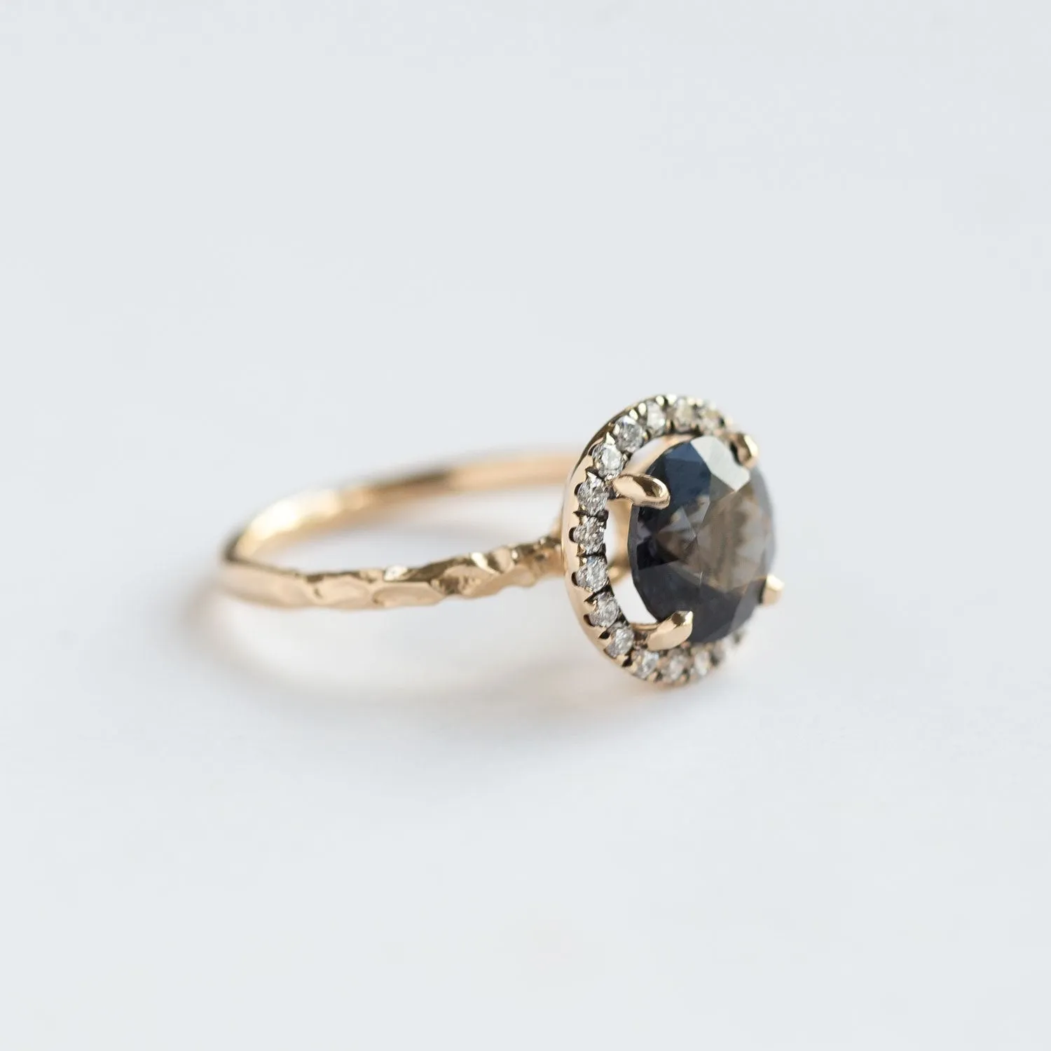 Blue Grey Spinel with Blackend Gold Diamond Halo - Antique Engagement Ring by Anueva Jewelry