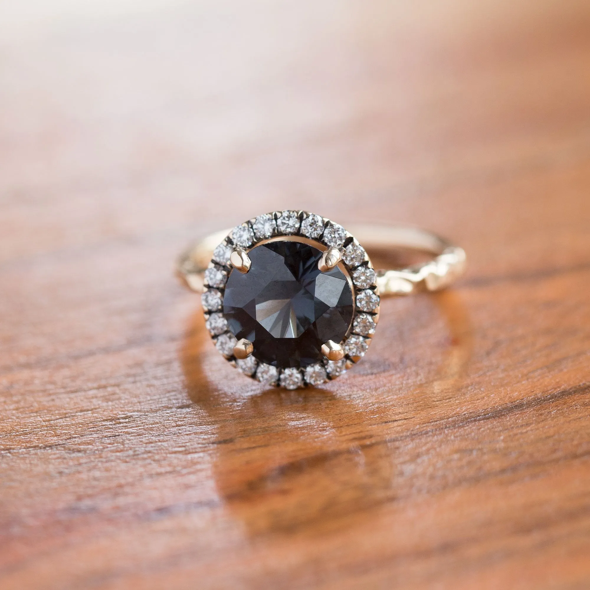 Blue Grey Spinel with Blackend Gold Diamond Halo - Antique Engagement Ring by Anueva Jewelry