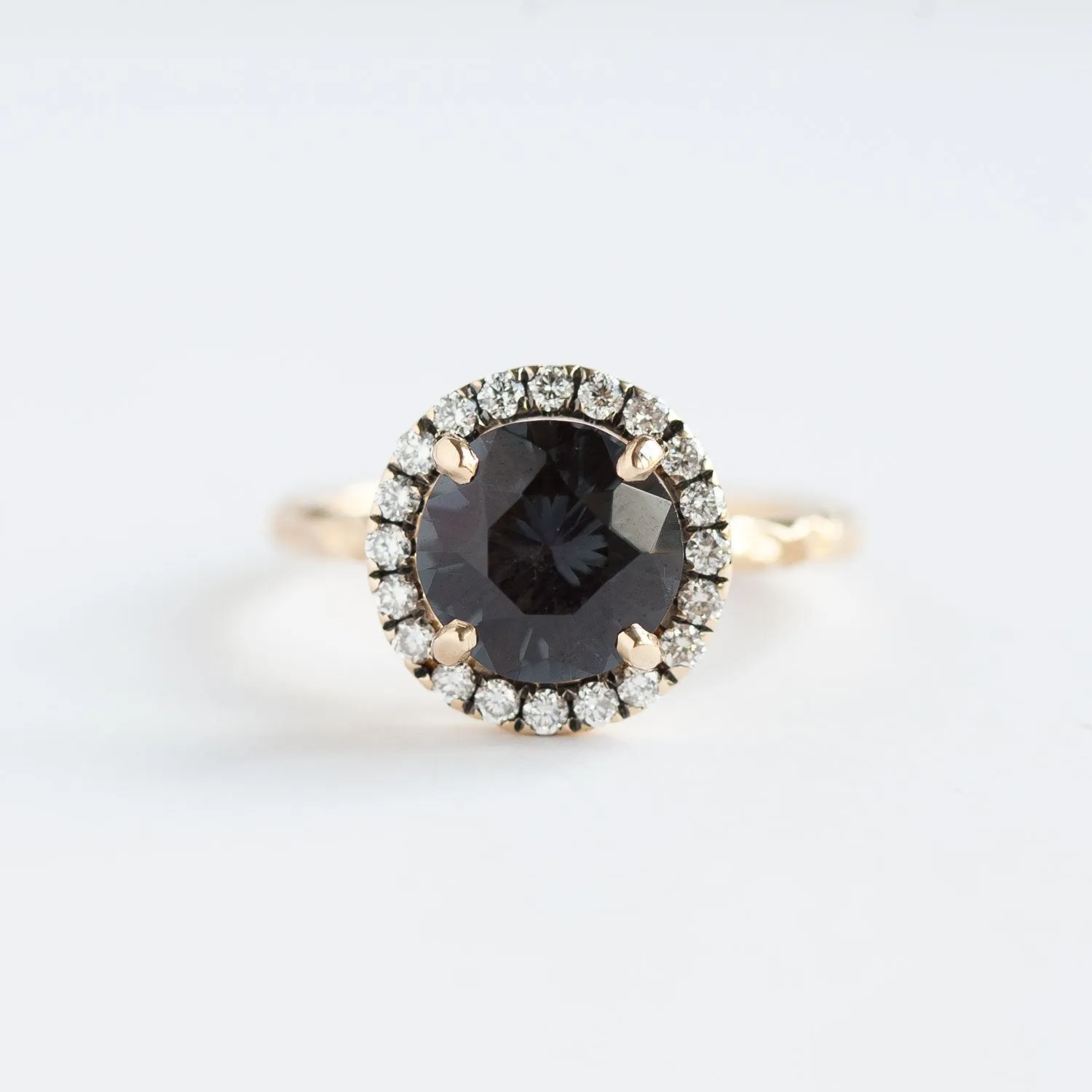 Blue Grey Spinel with Blackend Gold Diamond Halo - Antique Engagement Ring by Anueva Jewelry