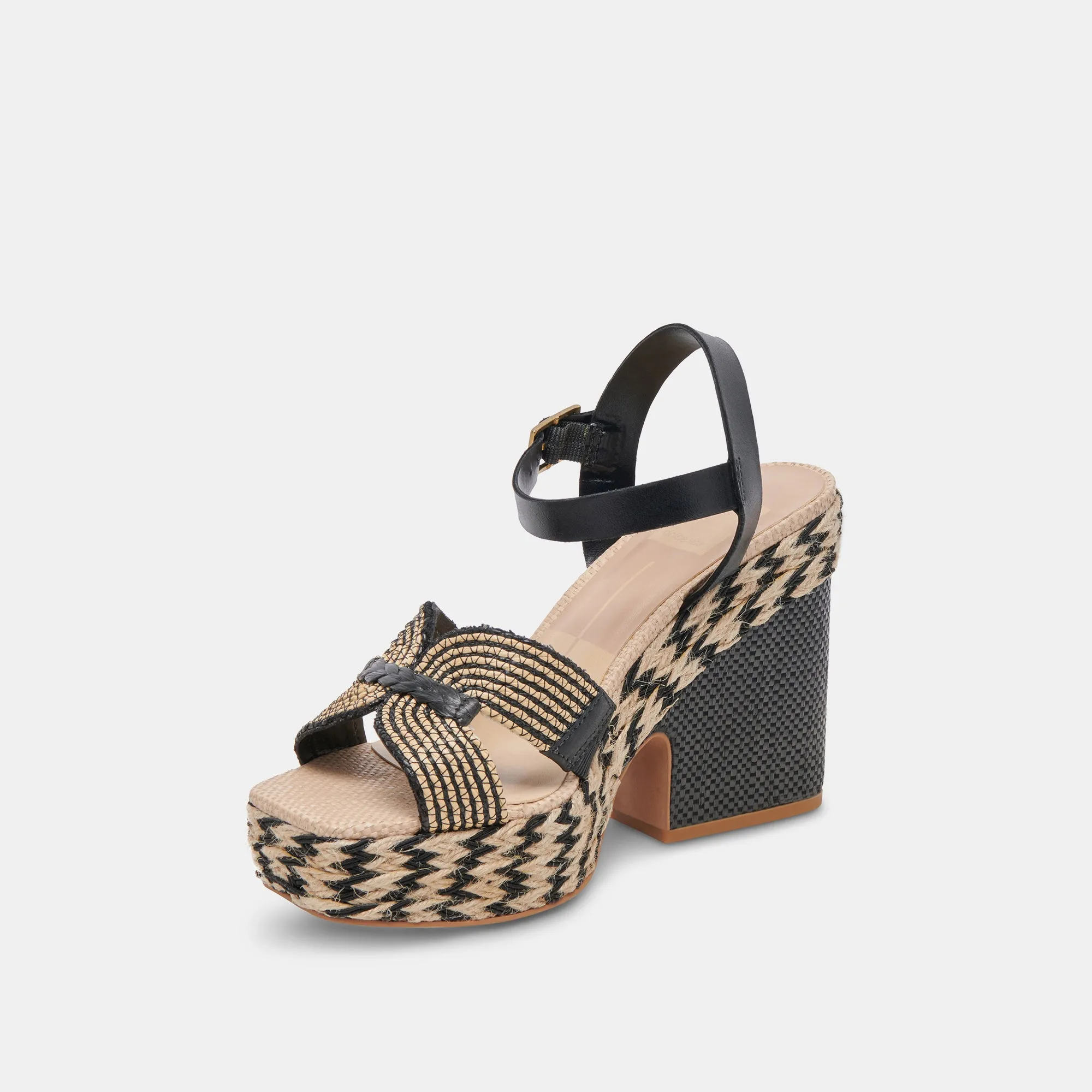 CALE HEELS BLACK NATURAL RAFFIA