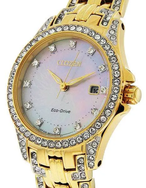 Citizen Ladies Crystal Silhouette Watch - Gold-Tone - Mother of Pearl - Date