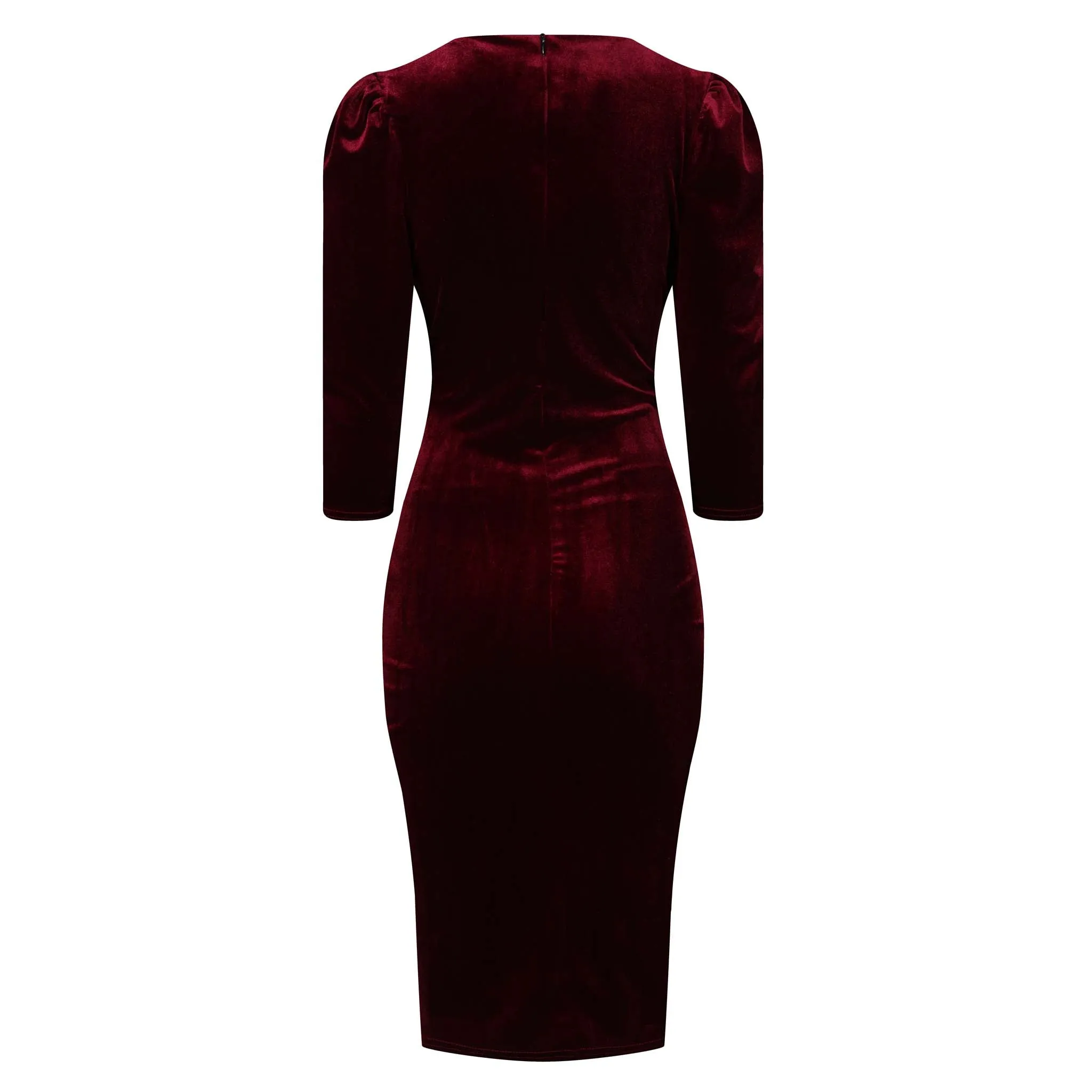 Elegant Claret Red Velour Wrapover Midi Dress with 3/4 Sleeves