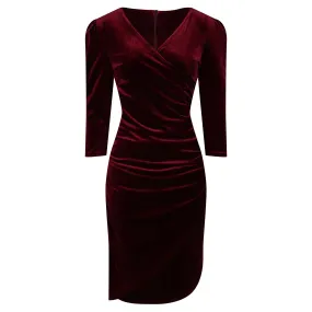 Elegant Claret Red Velour Wrapover Midi Dress with 3/4 Sleeves