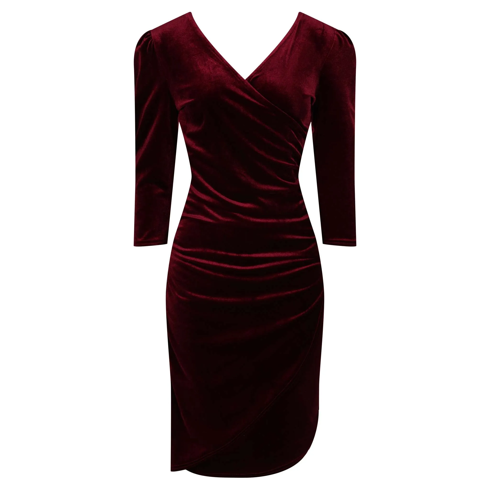 Elegant Claret Red Velour Wrapover Midi Dress with 3/4 Sleeves