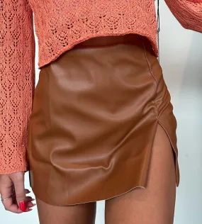 Cognac Side Split Leather Skirt