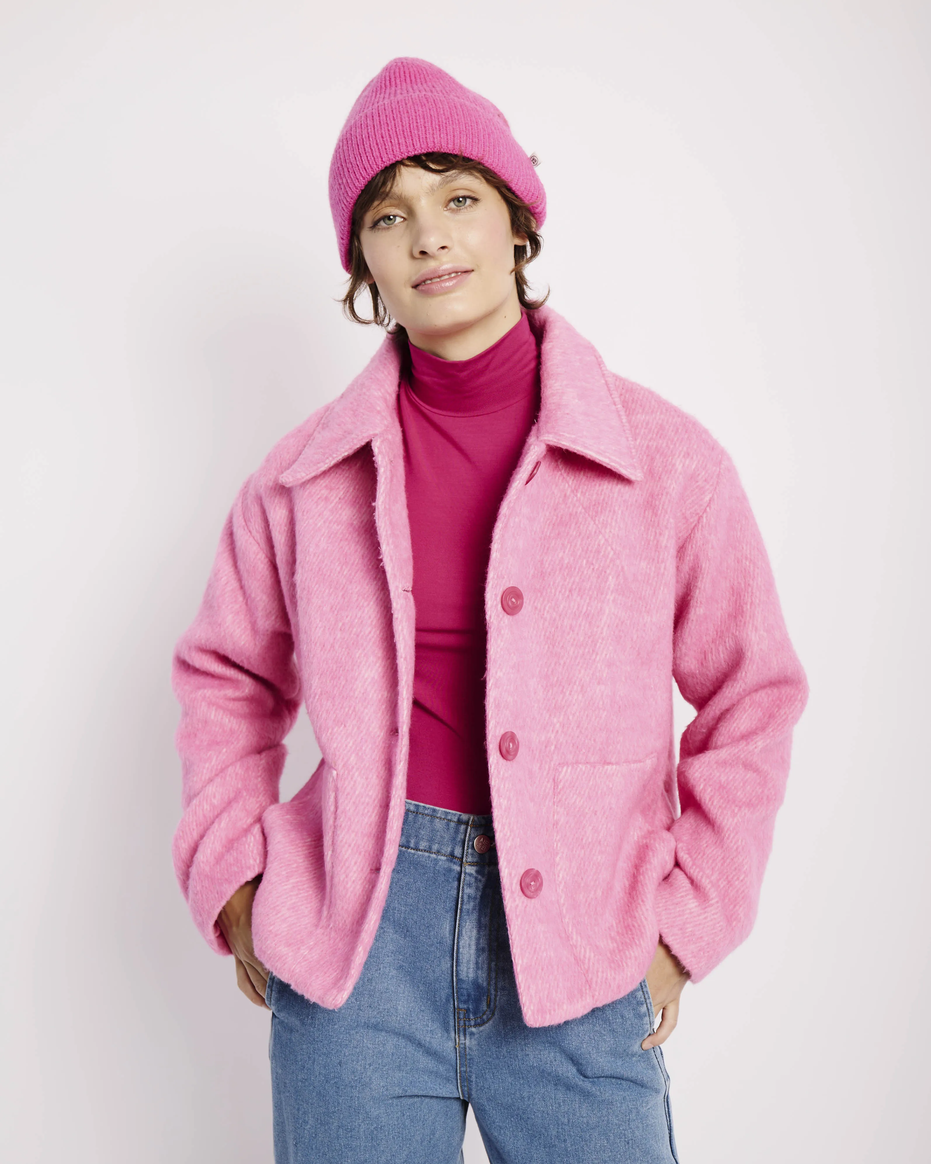 Cropped Melton Jacket in Barbie Pink