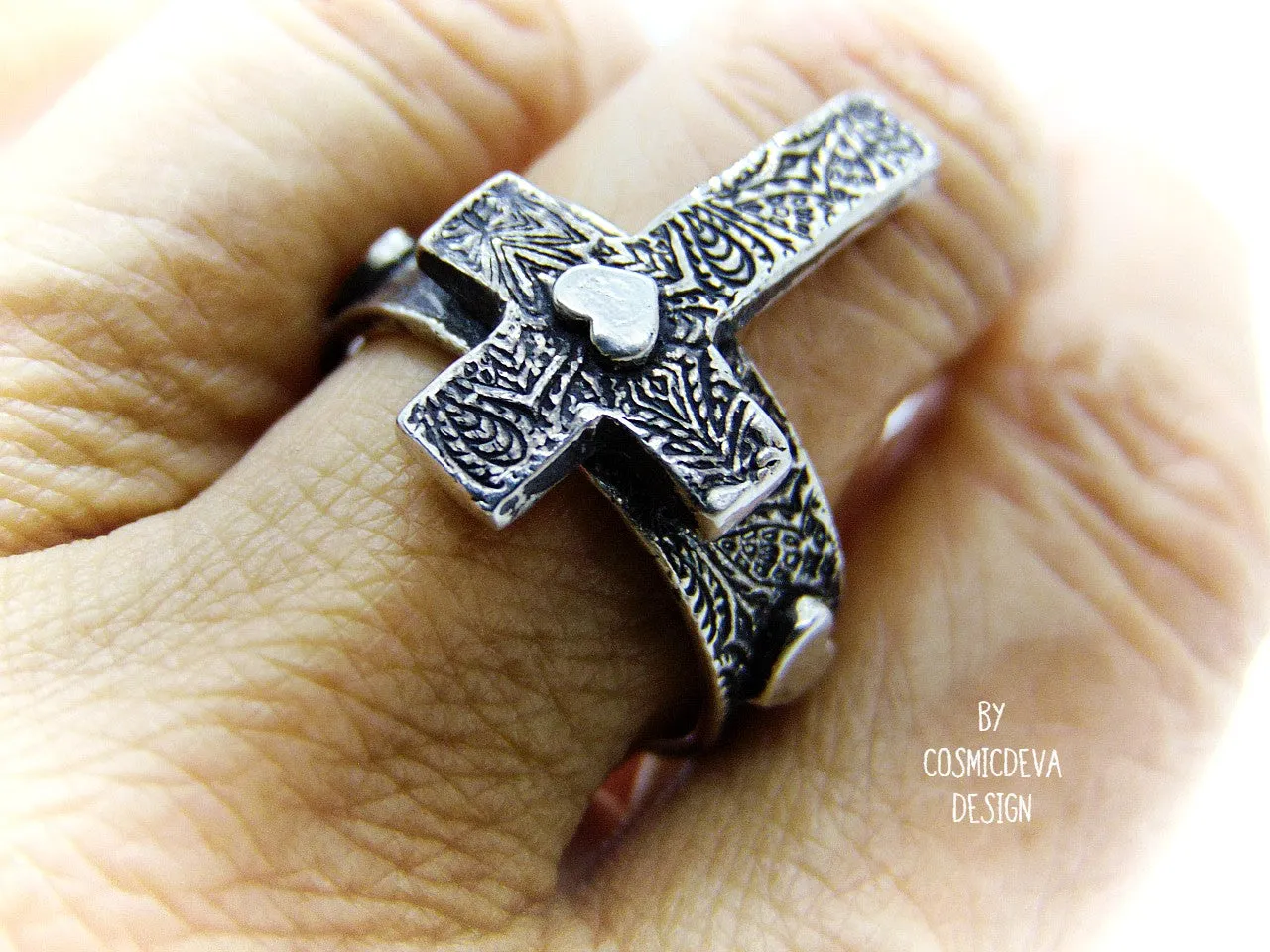 Cross Ring Sterling Silver, Heart For Christ Ring, Christian Rings, Faith Ring Size 7  3/4 Ring