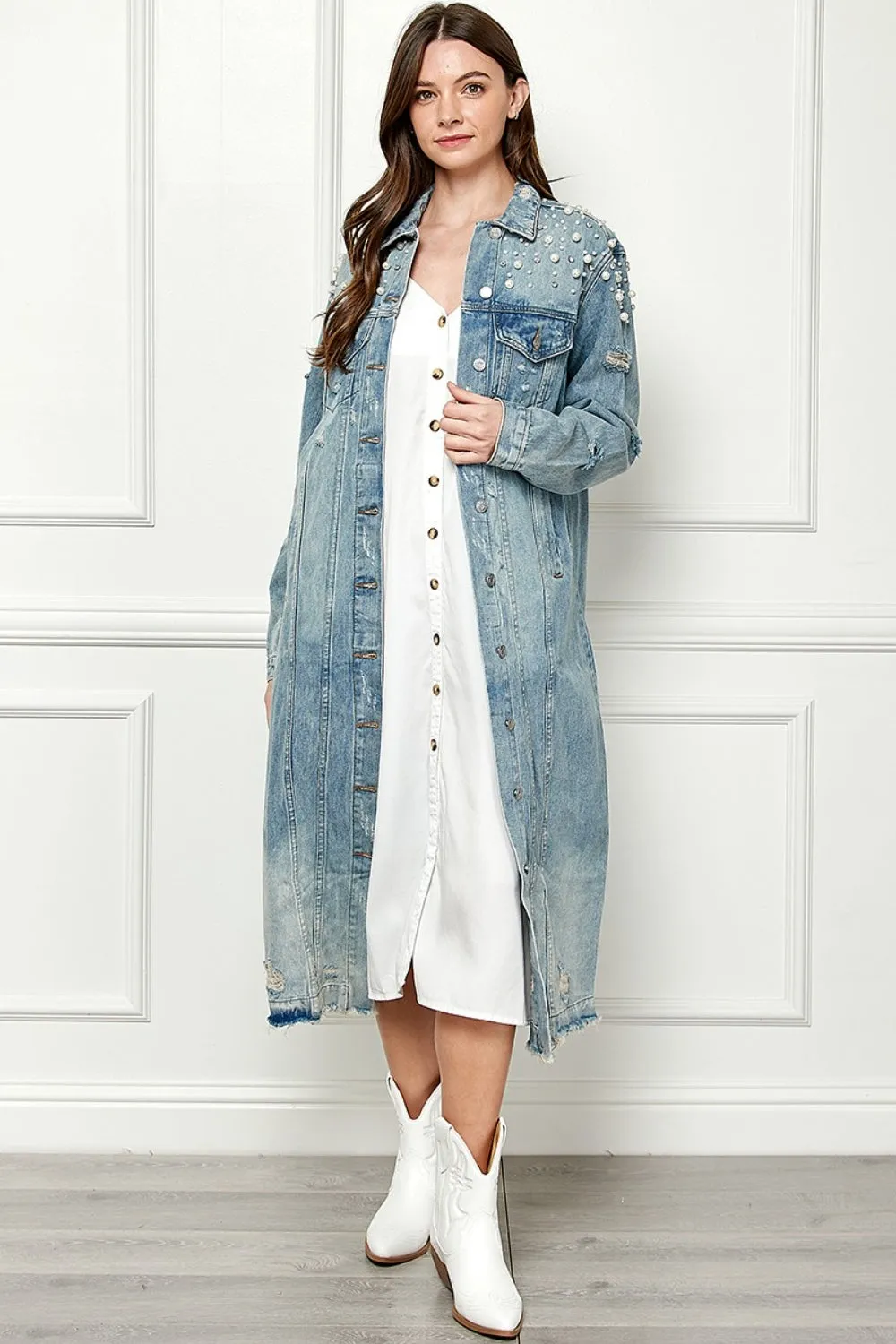 Distressed Pearl Detail Denim Jacket