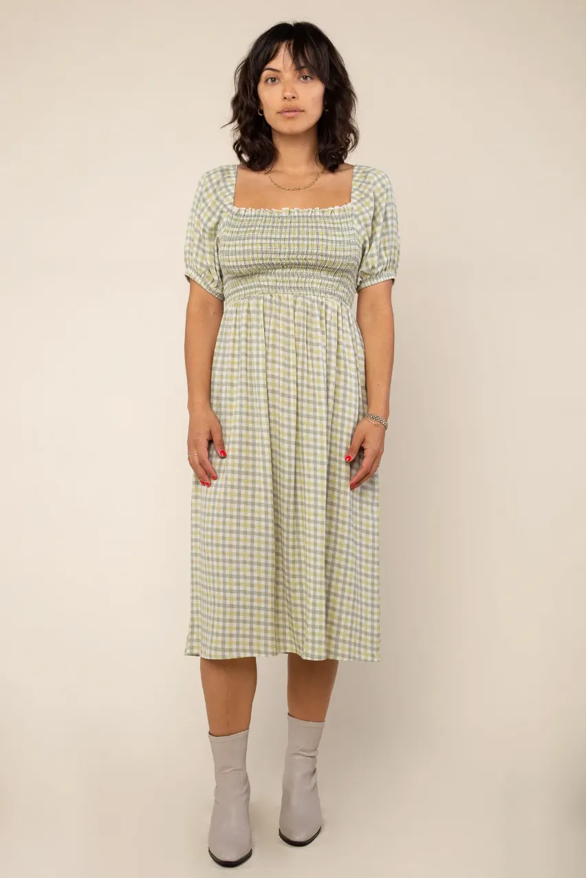 Gemma Gingham Puff Sleeve Dress in Sage Plaid