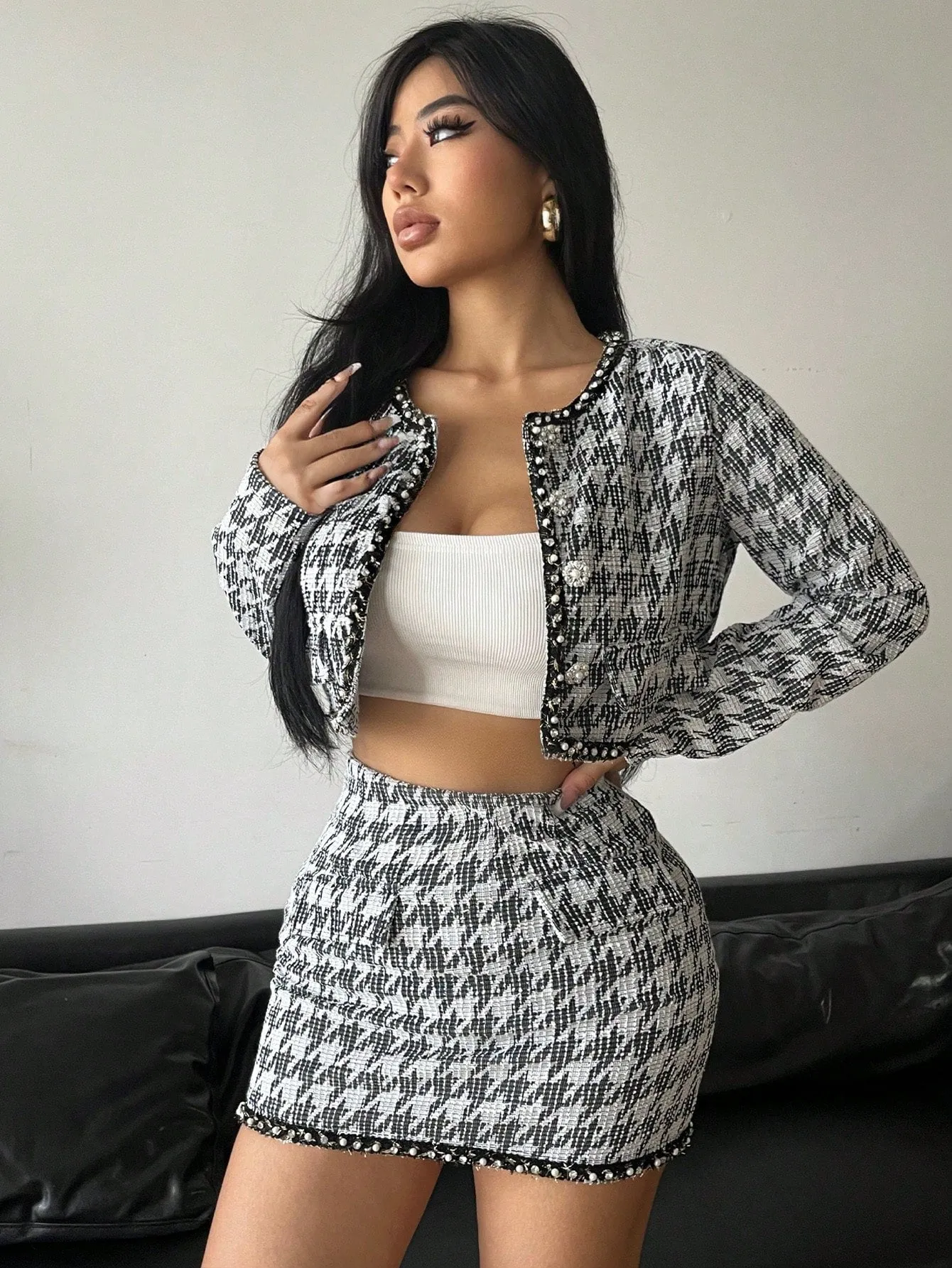 Houndstooth Crop Jacket Skirt Set