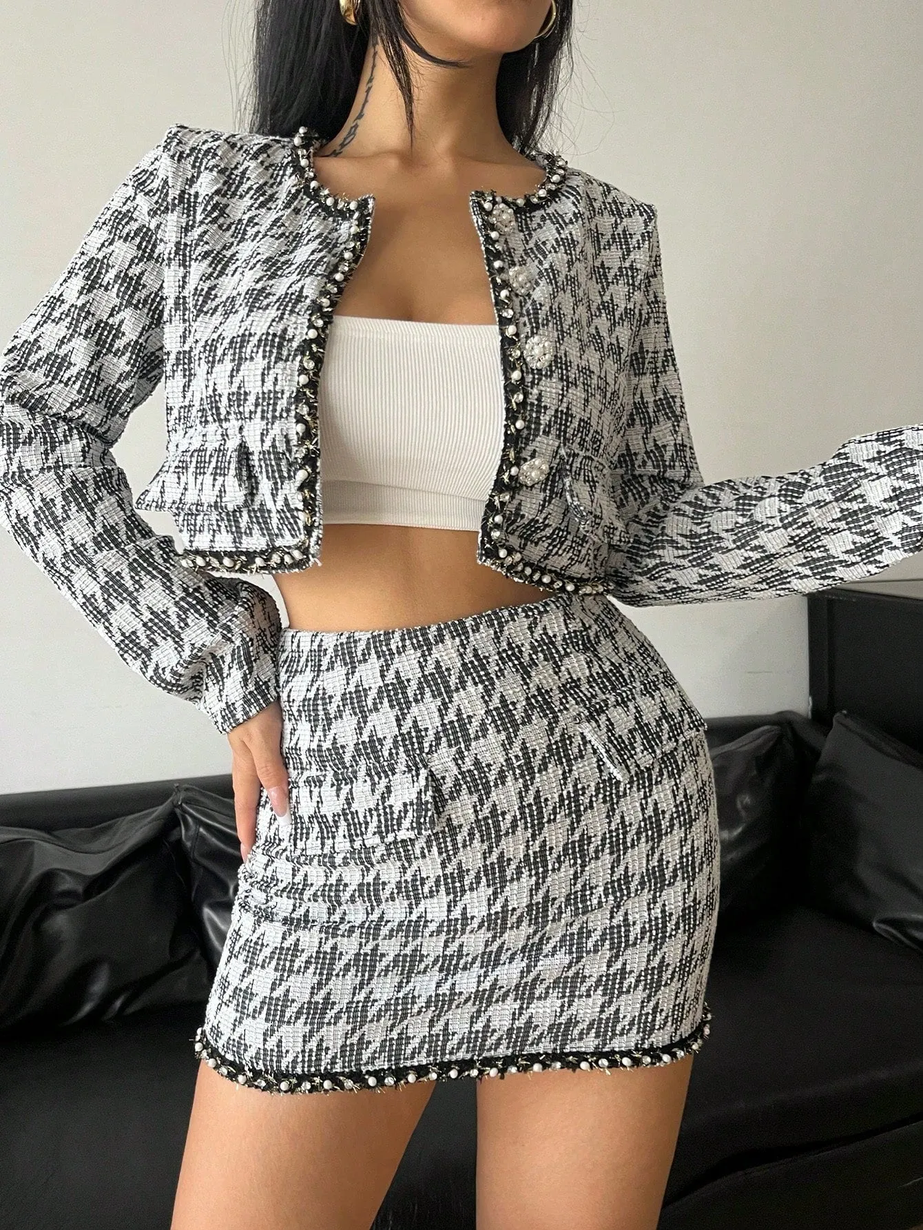 Houndstooth Crop Jacket Skirt Set