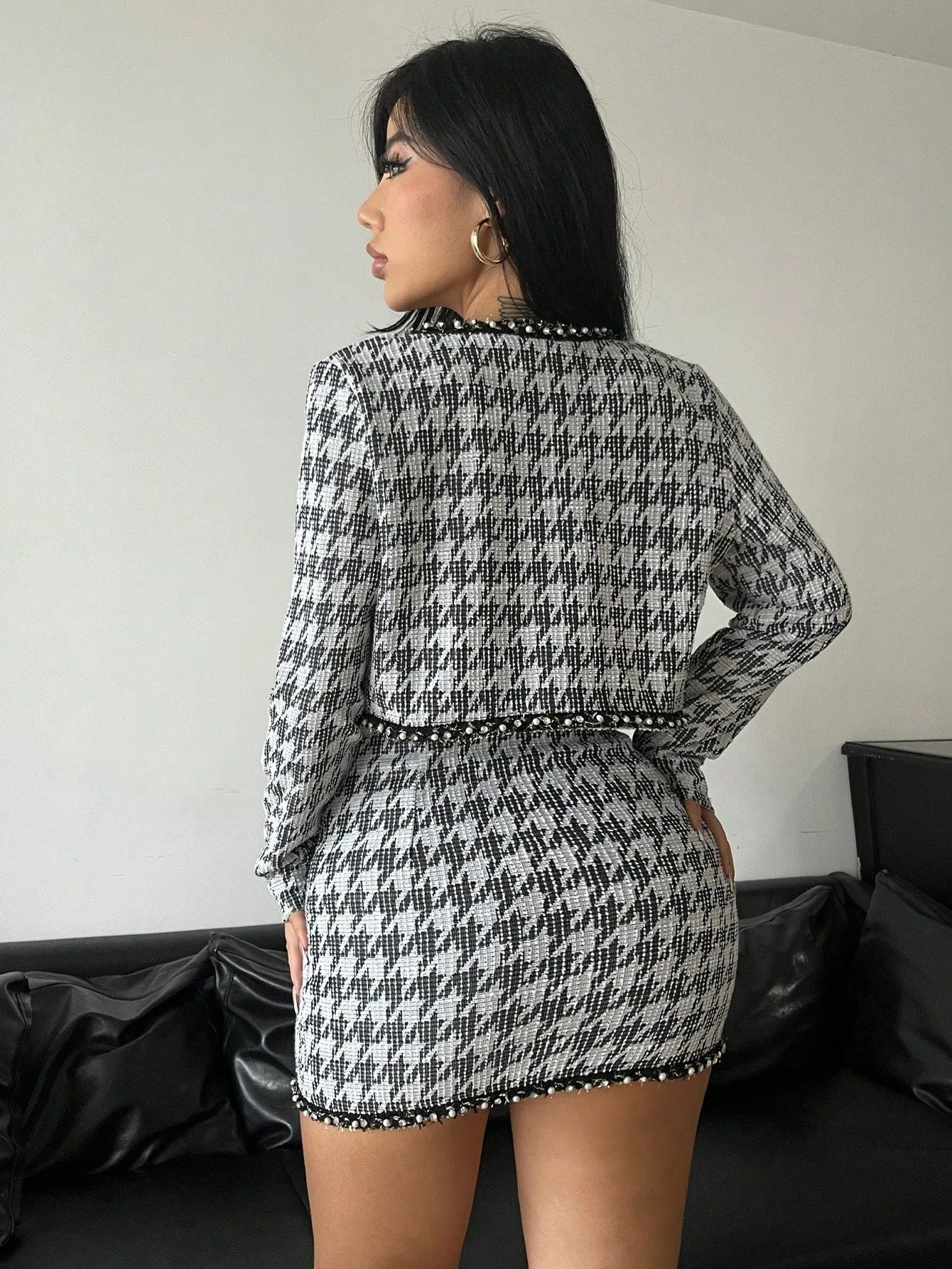 Houndstooth Crop Jacket Skirt Set